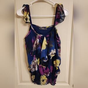 Rhapsody Flutter Strap Sleeve Boho Abstract Floral Ruffle Peplum Blouse